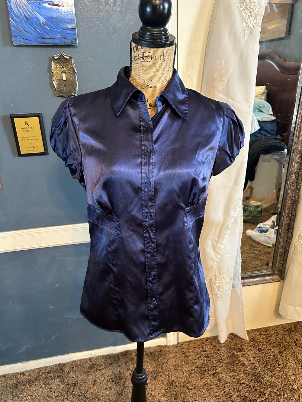 Apt. 9 Navy Satin Short-Sleeve Button-Down Blouse